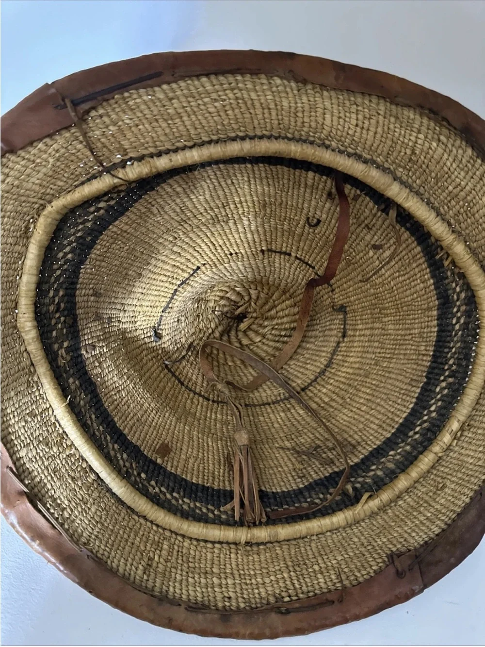 Vintage African Fulani Tribal Straw Hat Woven Wall Art Leather Trimmed on TopVin